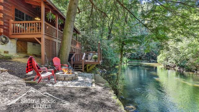 Fire pit between the cabin and the river